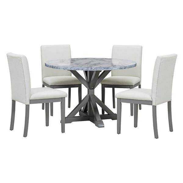 5-Piece Farmhouse Style Dining Table Set, Marble Sticker and Cross Bracket Pedestal Dining Table, and 4 Upholstered Chairs (White+Gray)