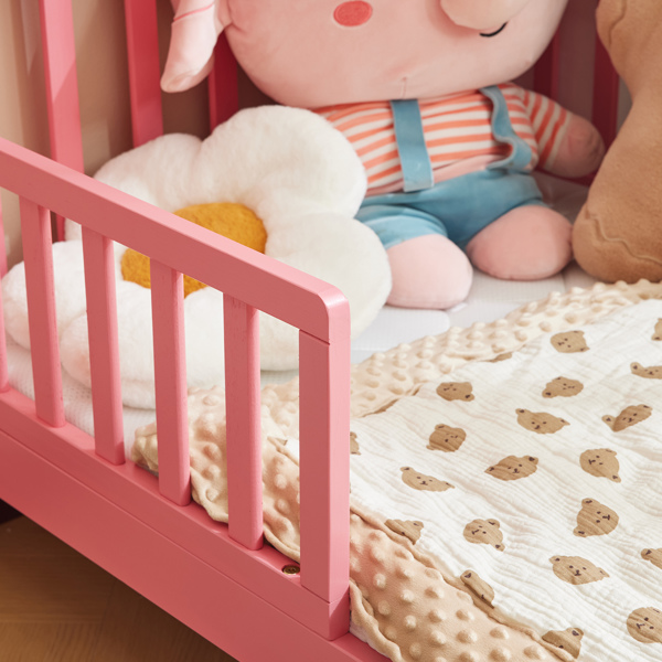 Single Vertical Board with Guardrails on Both Sides, Pink, 135*75*62.5cm, Wooden Bed, Pine, Children's