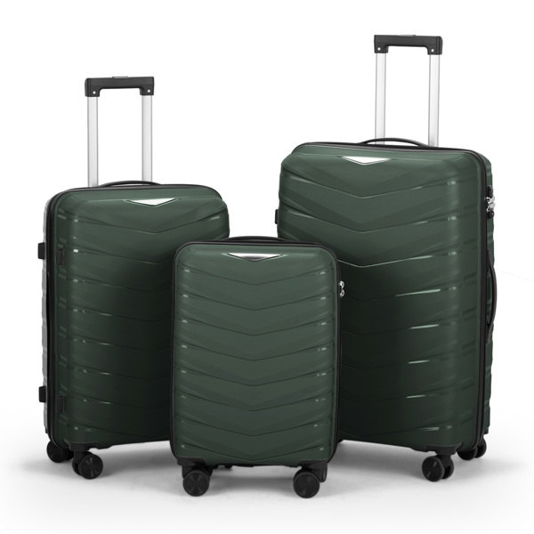 FCH V-shaped stripes 3-in-1 PP trolley case 20in 24in 28in PP iron trolley classic color - dark green (grain pattern)