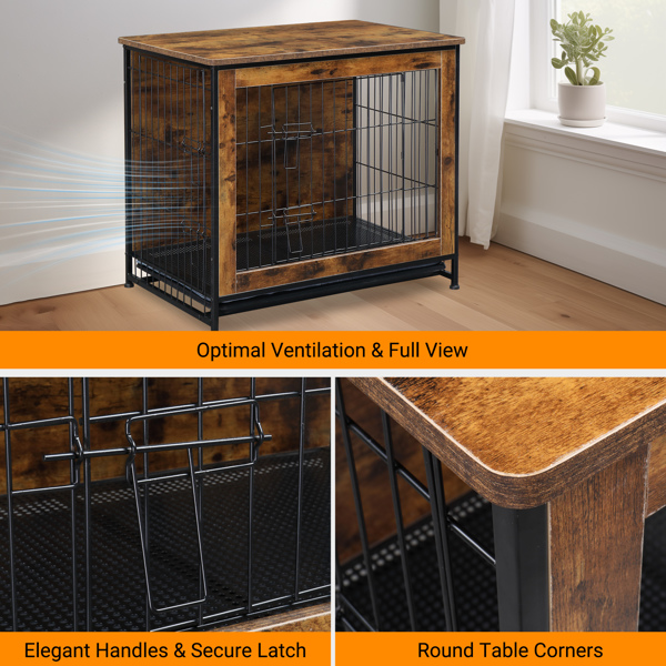 Dog Crate Furniture with Cushion, Wooden Dog Crate Table, Double Doors Dog Furniture, Indoor Dog Kennel, Dog House, Dog Cage, Rustic Brown