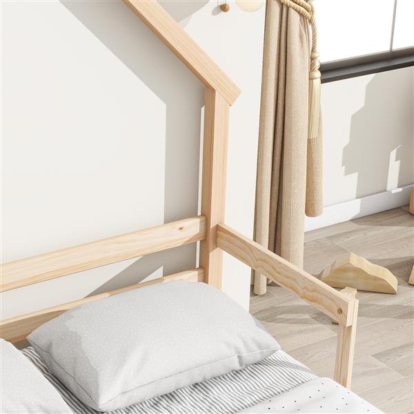 Full House-Shaped Headboard Bed with Handrails ,slats
,Natural