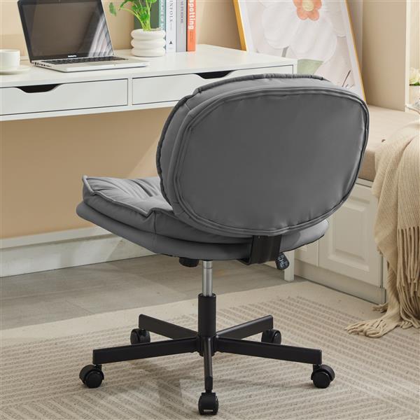 Armless-Office Desk Chair with Wheels: PU Leather Cross Legged Wide Chair,Comfortable Adjustable Swivel Computer Task Chairs for Home,Office,Make Up,Small Space,Bed Room