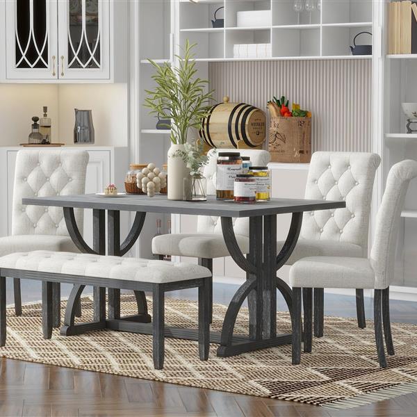 6-Piece Retro Rectangular Dining Table Set, Table with Unique Legs and 4 Upholstered Chairs & 1 Bench for Dining Room and Kitchen (Gray Wash)