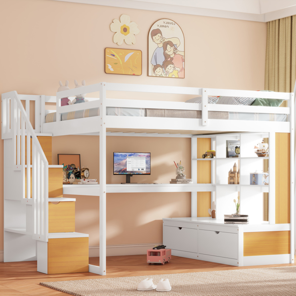 Full Size Loft Bed with Desk and Shelves, Two Built-in Drawers, Storage Staircase, White and Natural 