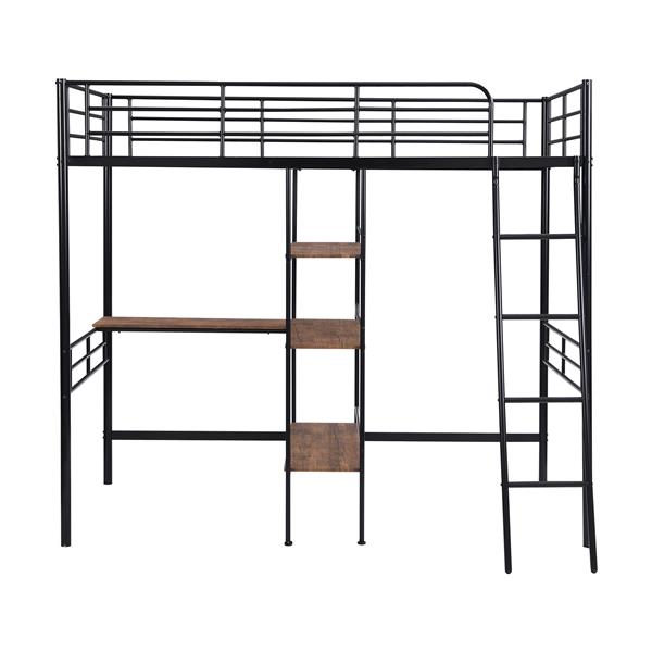 Twin Size Metal Loft Bed and Built-in Desk and Shelves,Black