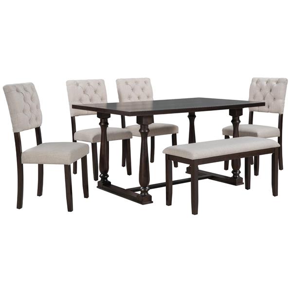 6-Piece Dining Table and Chair Set with Special-shaped Legs and Foam-covered Seat Backs&Cushions for Dining Room (Espresso)