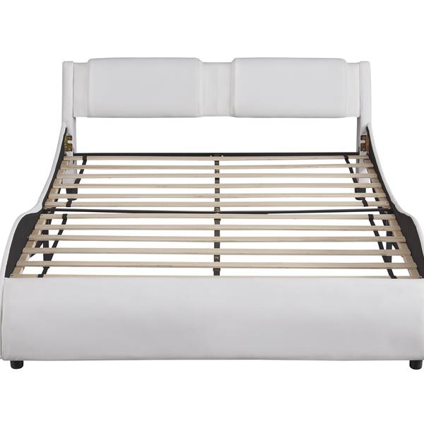 Queen Size Upholstered Faux Leather Platform Bed with LED Light Bed Frame with Slatted - White