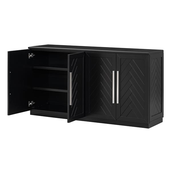 Sideboard with 4 Doors Large Storage Space Buffet Cabinet with Adjustable Shelves and Silver Handles for Kitchen, Dining Room, Living Room (Black)