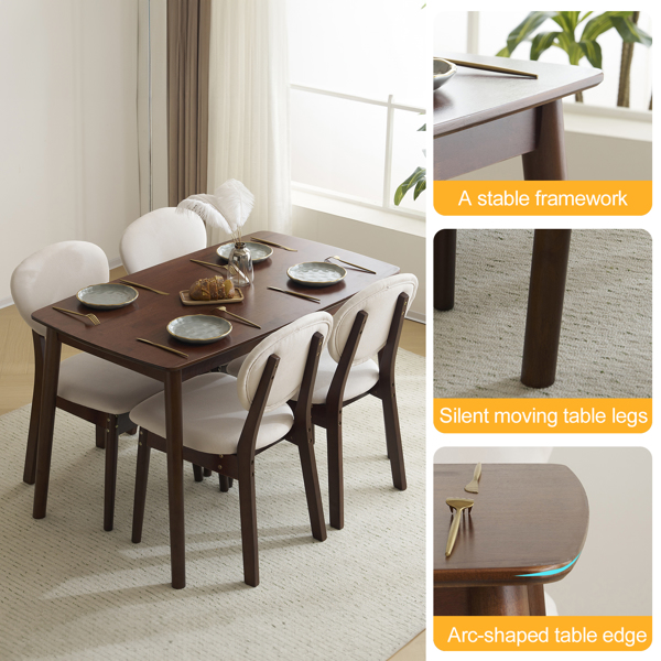 Rubber wood soft bag deep walnut dining table and chair set 1 table 4 chairs beige cushion rectangular