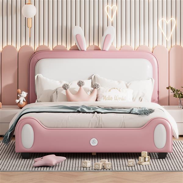 Full size Upholstered Rabbit-Shape Princess Bed ,Full Size Platform Bed with Headboard and Footboard,White+Pink