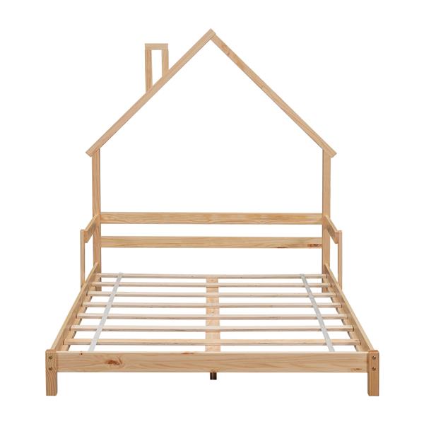 Full House-Shaped Headboard Bed with Handrails ,slats
,Natural