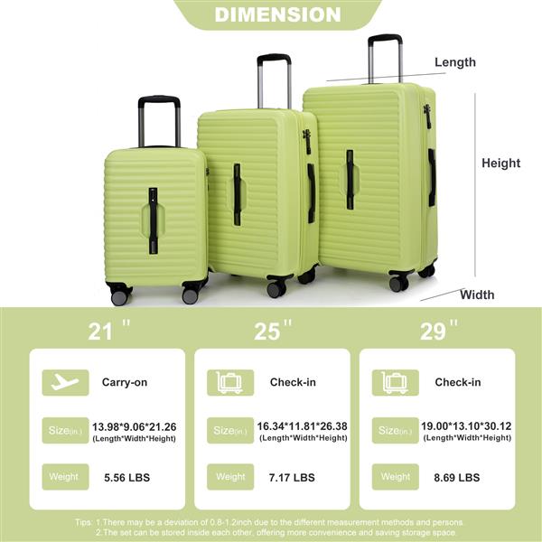 3 Piece Luggage Sets PC+ABS Lightweight Suitcase with Two Hooks, 360° Double Spinner Wheels, TSA Lock, (20/24/28) Light Green