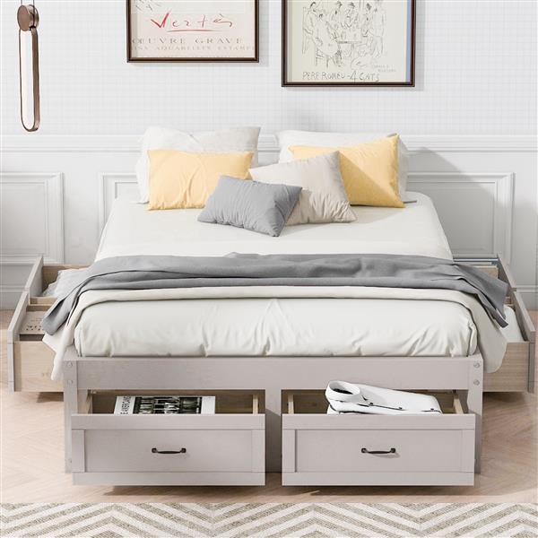 Full Size Platform Bed with 6 Storage Drawers,Antique White