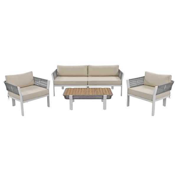 4-Piece Outdoor Patio Conversation Set with Coffee Table and Soft Waterproof Cushions for Garden, Poolside and Backyard(Gray Rope+Beige Cushion)