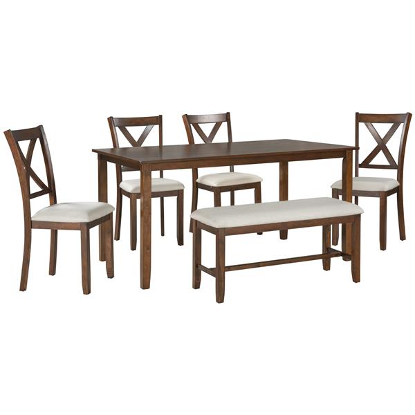 6-Piece Kitchen Dining Table Set Wooden Rectangular Dining Table, 4 Fabric Chairs and Bench Family Furniture (Natural Cherry)