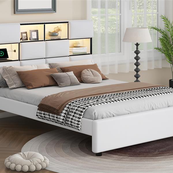 Queen Size Upholstered Platform Bed with LED, Storage and USB, Beige