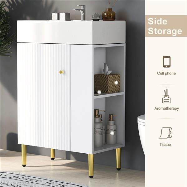 21.6" white Bathroom vanity, Combo Cabinet, Bathroom Storage Cabinet, Single Ceramic Sink, Right side storage