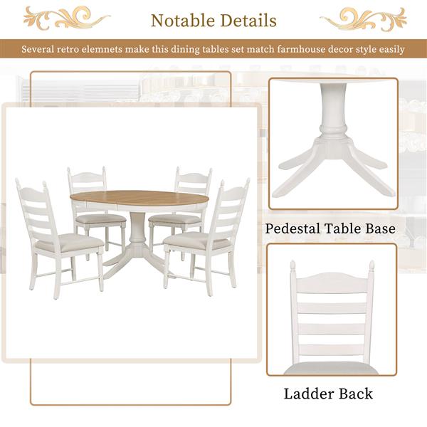 5-Piece Retro Functional Dining Table Set Wood Round Extendable Dining Table and 4 Upholstered Dining Chairs (Off White)