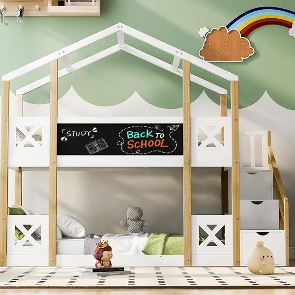 Twin over Twin House Bunk Bed with White Storage Staircase and Blackboards, White