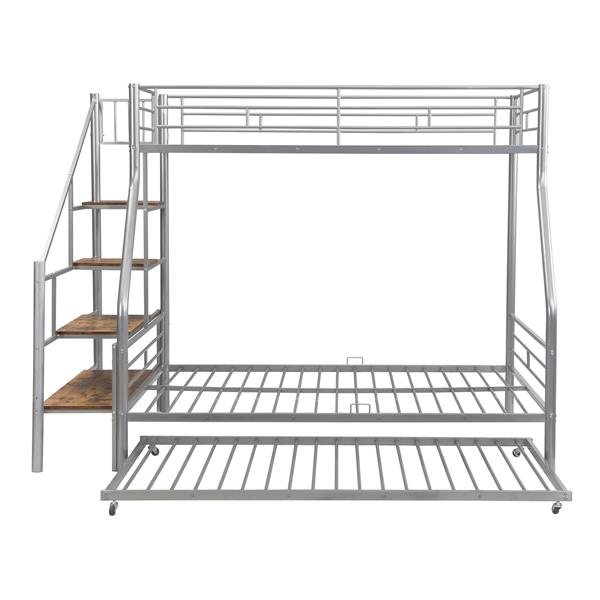 Twin over Full Size Metal Bunk Bed with Trundle and Storage Staircase, Silver