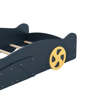 Twin Size Race Car-Shaped Platform Bed with Wheels and Storage, Dark Blue+Yellow