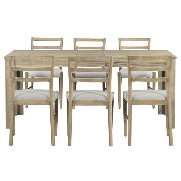 7-Piece Wooden Dining Table Set Mutifunctional Extendable Table with 12" Leaf and 2 Drawers, 6 Dining Chairs with Soft Cushion (Natural Wood Wash)