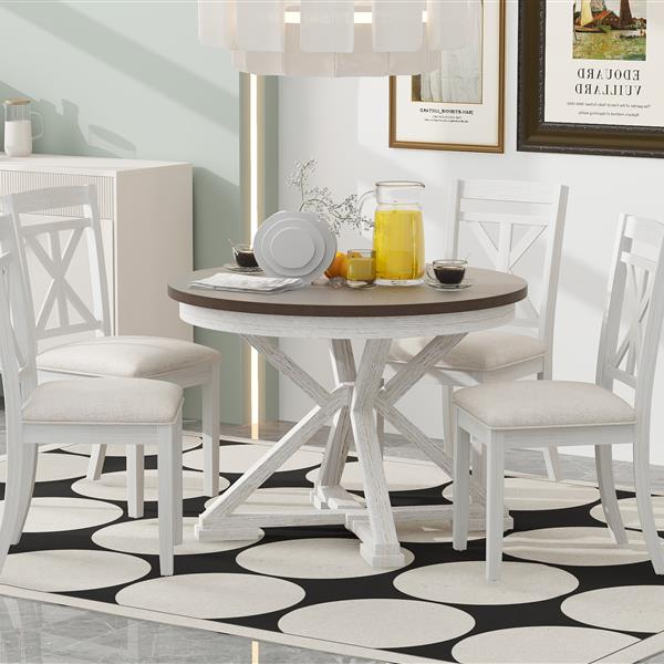 5-Piece Retro Functional Dining Table Set Extendable Round Table and 4 Upholstered Chairs for Dining Room and Living Room (Brown+Antique White)