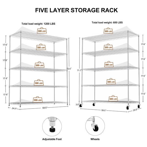 5-tier heavy-duty adjustable shelving and racking, 300 lbs. per wire shelf, With wheels, adjustable feet and shelf liners, for warehouses, supermarkets, kitchens, etc. 59.45 "L × 24.02 "W × 71.65 "H