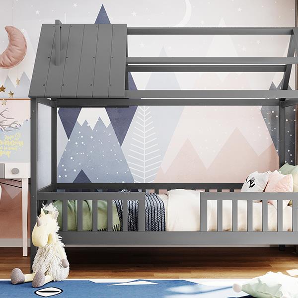 Twin Size Wood House Bed with Fence, Gray