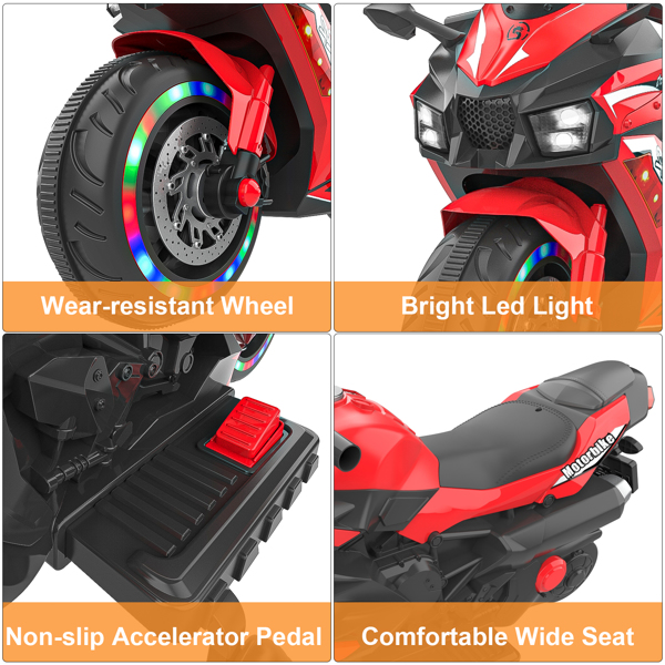 12V Electric Motorcycle for Kids, Powered Toy Motorcycle, Child Motorcycle Ride On with Light Wheels and Bluetooth Music Red (No shipping on weekends) (Temu, Walmart Amazon prohibited)