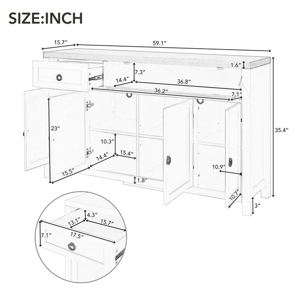 Retro Style Large Storage Space Sideboard with Flip Door and 1 Drawer, 4 Height-Adjustable Cabinets, Suitable for Kitchen, Dining Room, Living Room (Brown+Antique White)