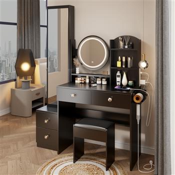 Full Body Mirror Cabinet + Round Mirror LED Vanity Table + Cushioned Stool, With 2 AC + 2 USB Power Station,17\\" diameter LED Mirror, Touch Control, 3-color, Brightness adjustable, Large desktop