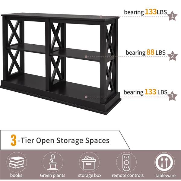 Console Table with 3-Tier Open Storage Spaces and "X" Legs, Narrow Sofa Entry Table for Living Room, Entryway and Hallway (Black)