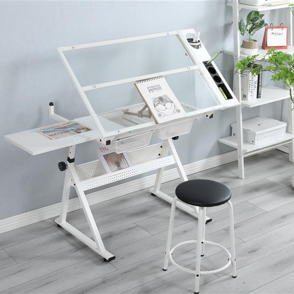 WHITE adjustable tempered glass drafting printing table with chair