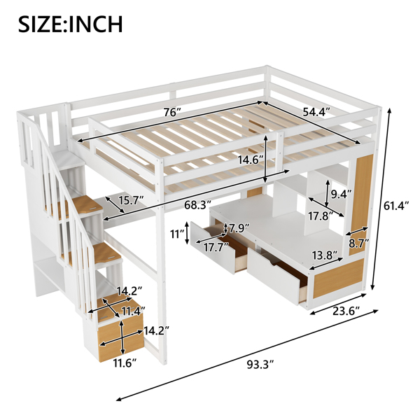 Full Size Loft Bed with Desk and Shelves, Two Built-in Drawers, Storage Staircase, White and Natural 