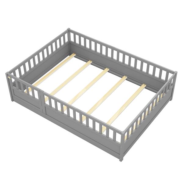 Full size  Floor bed, integral construction with super high security barrier, door, children's floor bed frame, Montessori wooden children's floor bed, Support slat Grey