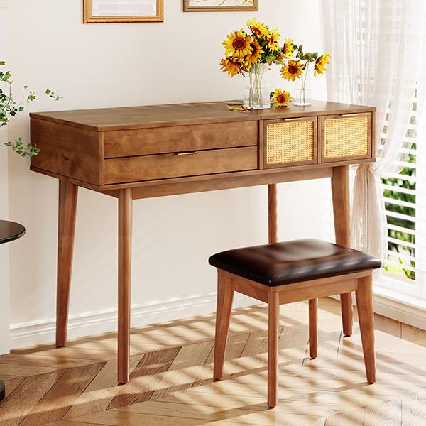 43.3" Classic Wood Makeup Vanity Set with Flip-top Mirror and Stool, Dressing Table with Three Drawers and storage space, Brown