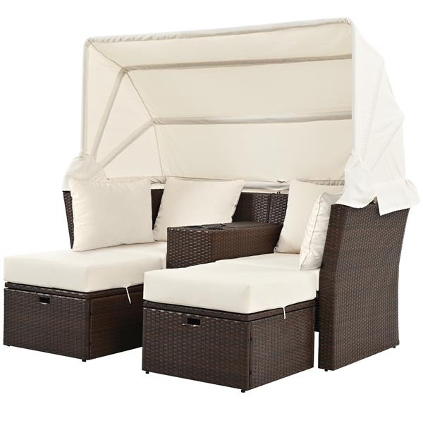 2-Seater Outdoor Patio Daybed Outdoor Double Daybed Outdoor Loveseat Sofa Set with Foldable Awning and Cushions for Garden, Balcony, Poolside, Beige