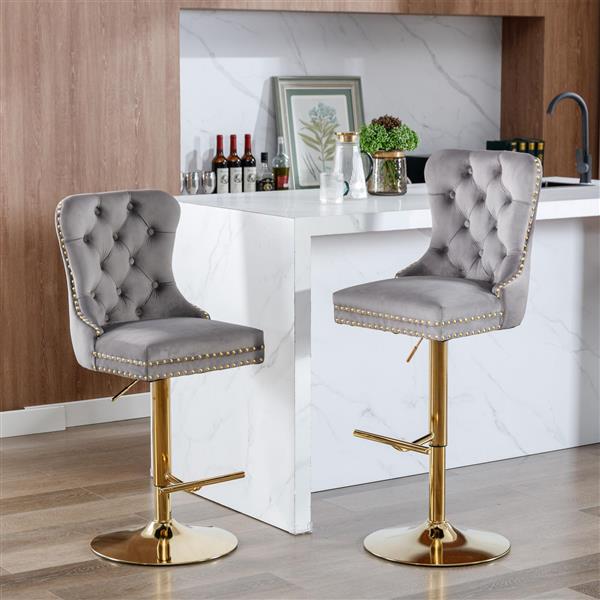 Furniture,Thick lden Swivel Velvet Barstools Adjusatble Seat Height from 25-33 Inch, Modern Upholstered Bar Stools with Backs Comfortable Tufted for Home Pub and Kitchen Island (Gray,Set of 2)