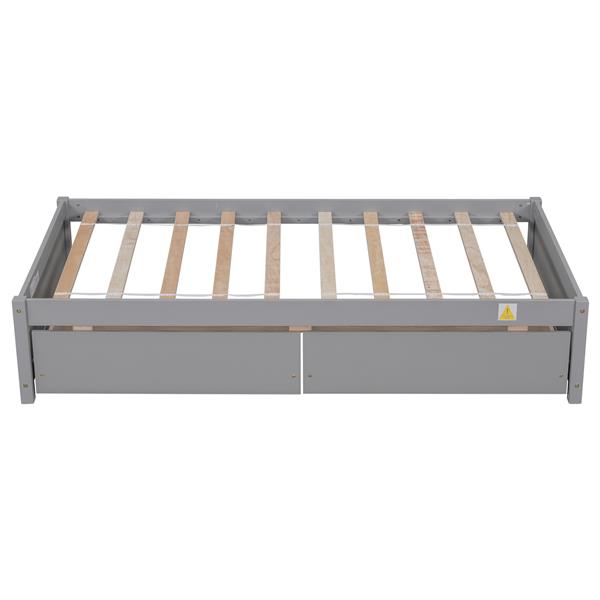 Twin Bed with 2 Drawers, Solid Wood, No Box Spring Needed ,Grey