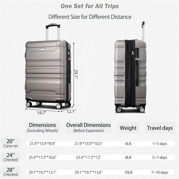 Luggage Sets New Model Expandable ABS Hardshell 3pcs Clearance Luggage Hardside Lightweight Durable Suitcase sets Spinner Wheels Suitcase with TSA Lock  20''24''28'' (gray)