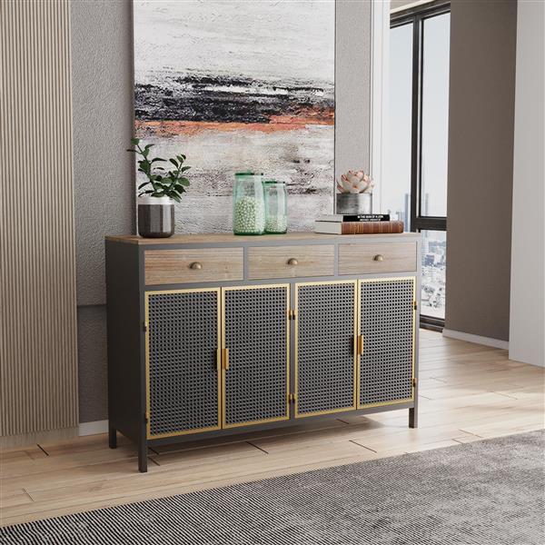 48" Wide  4 Doors Modern Sideboard with 3 Top Drawers,  Sideboard Storage Cabinet Entryway Floor Cabinet for Living Room Office Bedroom