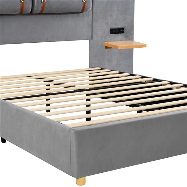 Full size upholstered platform bed with two outlets and USB charging ports on both sides, two bedside pillows, storage shelf, Gray