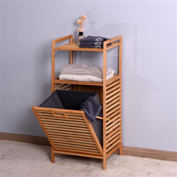 Bathroom Laundry Basket Bamboo Storage Basket with 2-tier Shelf 17.32 x 13 x 37.8 inch