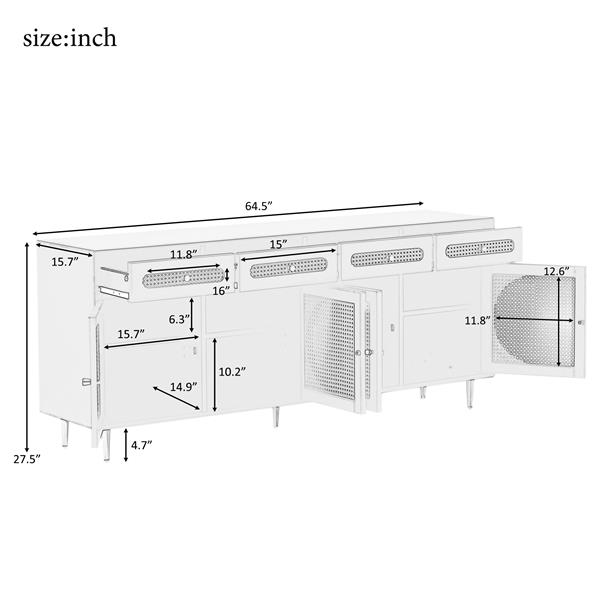 TV Stand with Rattan Door,Woven Media Console Table with Adjustable Shelves for TVs up to 65",Storage Sideboard Cabinet for Living Room