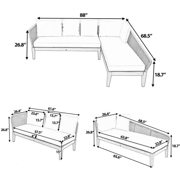 Modern 5-Person Outdoor Seating Group with Cushions Rope Waved Patio Sofa Set for Garden, Lawn, Poolside, L-Shaped, Black+Gray