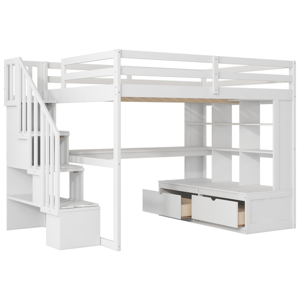 Full Size Loft Bed with Desk and Shelves, Two Built-in Drawers, Storage Staircase, White 