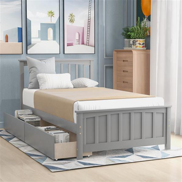 Twin size Platform Bed with Two Drawers, Gray