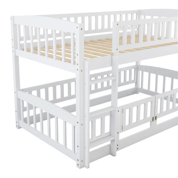 Bunk Bed with Slide,Twin Over Twin Low Bunk Bed with Fence and Ladder for Toddler Kids Teens White