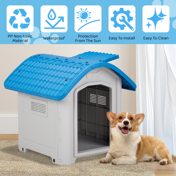 28 inch Raised Plastic Dog House, Outdoor Indoor Doghouse Pet House with Adjustable Sunroof and Elevated Base for Small Dogs, Blue & White